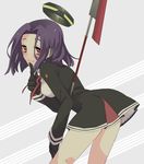  bent_over glaive gloves inoue_mikuni kantai_collection looking_at_viewer mechanical_halo polearm purple_hair red_eyes short_hair solo tatsuta_(kantai_collection) weapon 