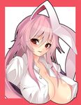  animal_ears bad_id bad_pixiv_id blush border breasts bunny_ears covered_nipples highres kabun_(suzuna_jct) large_breasts lips long_hair no_bra outside_border parted_lips purple_hair red_border red_eyes reisen_udongein_inaba simple_background solo touhou upper_body white_background 