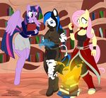  big_breasts blue_hair book boots breasts clothing collar el-loko equine female fire fluttershy_(mlp) friendship_is_magic hair horn horse library mammal my_little_pony original_character pink_hair pony purple_hair shadow skirt twilight_sparkle_(mlp) two_tone_hair unicorn wings wood 