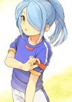  1boy aqua_hair armband brown_eyes child harute4423 inazuma_eleven inazuma_eleven_(series) kazemaru_ichirouta m_(pixiv9151) male male_focus ponytail shirt shorts simple_background soccer_uniform solo sportswear standing t-shirt uniform 