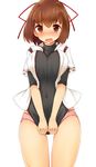  blush breasts brown_eyes brown_hair hair_ribbon hukasikasi ise_(kantai_collection) japanese_clothes kantai_collection large_breasts open_mouth panties pink_panties ponytail ribbon shirt_tug short_hair simple_background solo tears underwear white_background 