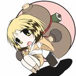  :o backpack bag blonde_hair bottle carrying cork d: full_body gourd japanese_clothes kimono knees_up looking_at_viewer manyuuki multicolored_hair notepad nyan_nyan open_mouth oversized_object short_hair short_kimono simple_background solo two-tone_hair wed37927 white_background yellow_eyes 
