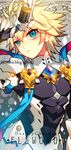  armor blonde_hair blue_eyes brown_hair chung_seiker copyright_name deadly_chaser_(elsword) elsword gloves grey_background gun male_focus multicolored_hair pika_(kai9464) solo streaked_hair symbol-shaped_pupils two-tone_hair watermark weapon web_address 