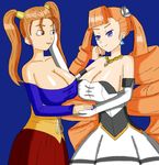  2girls arcana_heart arcana_heart_2 breasts brown_eyes brown_hair bursting_breasts cleavage collar collarbone crossover dragon_quest dragon_quest_viii dress earrings ears fingernails gloves hair_bun hair_ornament highres hips jessica_albert jewelry large_breasts lips lipstick makeup multiple_girls nail nails necklace petra_johanna_lagerkvist purple_eyes shiny shiny_skin skirt smile yuri 