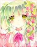  bow bowtie food fruit green_eyes green_hair hatsune_miku highres long_hair remimim solo strawberry twintails vocaloid 