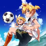  1girl adidas ball bandaid blonde_hair blue_eyes brother_and_sister cloud day hair_ornament hair_ribbon hairclip kagamine_len kagamine_rin ribbon short_hair shorts siblings sky smile soccer soccer_ball soccer_uniform sport sportswear telstar twins u35 vocaloid 