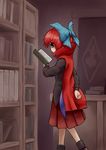  ankle_boots arm_behind_back blouse book bookshelf boots bow cape hair_bow indoors kokomo1911 long_sleeves open_book reading red_eyes red_hair sekibanki short_hair skirt solo standing table touhou 