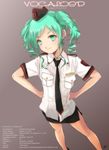  2007 2013 character_name copyright_name earrings green_eyes green_hair hands_on_hips hat hatsune_miku highres jewelry kowiru necktie skirt smile solo twintails vocaloid 