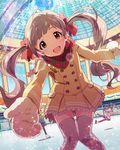  &gt;_&lt; :d brown_eyes brown_hair closed_eyes failure gloves hakozaki_serika ibuki_tsubasa ice_skating idolmaster idolmaster_million_live! jacket looking_at_viewer matsuda_arisa multiple_girls official_art open_mouth skating smile snowflakes thighhighs twintails 