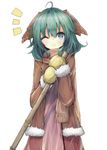  1girl adapted_costume alternate_costume animal_ears blush broom coat dress gloves green_eyes green_hair kasodani_kyouko long_sleeves looking_at_viewer one_eye_closed pink_dress scarf short_hair simple_background smile solo tecoyuke touhou white_background winter_clothes 
