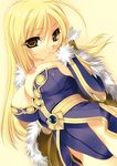  1girl areolae blonde_hair breast_slip breast_suppress breasts character_request dutch_angle expressionless fur hair_between_eyes hair_over_eyes highleg kinoshita_ichi long_hair looking_at_viewer nipples ragnarok_online shadow shiny shiny_skin simple_background solo uniform wizard_(ragnarok_online) yellow_background yellow_eyes 