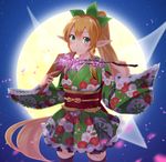  2mota blonde_hair branch fairy_wings green_eyes hagoita japanese_clothes kimono kimono_skirt leafa lolita_fashion long_hair moon paddle pointy_ears ponytail sword_art_online thighhighs wa_lolita wings 