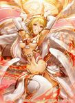  armpits arms_up blonde_hair blush breasts detached_sleeves fireball long_hair looking_at_viewer medium_breasts midriff original red_eyes smile solo ss39 thighhighs wings 