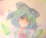  cirno face highres one_eye_closed smile solo touhou traditional_media yuyu_(00365676) 