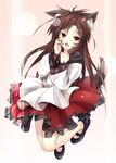  animal_ears brown_hair dress fang fingernails fur gorilla_(bun0615) highres imaizumi_kagerou long_hair looking_at_viewer mary_janes open_mouth red_eyes sharp_fingernails shoes solo tail touhou wolf_ears wolf_tail 