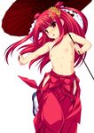  1girl ameto armpits bare_shoulders beatmania beatmania_iidx blush ears fingernails footwear hair_ornament hakama highres holding japanese_clothes kinoshita_ichi long_hair looking_at_viewer nipples open_mouth outstretched_arm red_eyes red_hair sandals shiny shiny_skin simple_background small_breasts solo standing_on_one_leg topless two_side_up umbrella umegiri_ameto white_background 