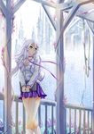  blue_eyes city day fantasy flower highres long_hair nonoririn original plant science_fiction sky solo tower vines wall white_hair 