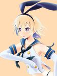  alternate_hair_length alternate_hairstyle armpits blonde_hair commentary_request elbow_gloves gloves hair_ribbon highres kantai_collection ribbon shimakaze_(kantai_collection) short_hair sleeveless solo tebi_(tbd11) 