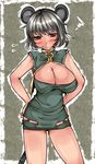  adapted_costume animal_ears aoshima blush breasts cleavage commentary_request dress dress_shirt grey_hair hands_on_hips highres large_breasts looking_at_viewer mouse_ears mouse_tail nazrin red_eyes shirt short_dress short_hair solo tail touhou 