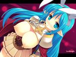  1girl :o animal_ears armor blue_eyes blue_hair blush breasts breasts_outside bunny_ears cape character_name dutch_angle elf fake_animal_ears gauntlets hand_on_own_chest kinoshita_ichi large_breasts long_hair looking_at_viewer lord_knight nipples pleated_skirt pointy_ears ragnarok_online skirt solo uniform 