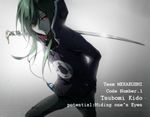  bangs cable character_name closed_mouth digital_media_player earphones fukkin_(hukkyunzzz) green_hair hand_in_pocket holding holding_sword holding_weapon hood hoodie ipod kagerou_project katana kido_tsubomi legs_apart light_particles long_hair long_sleeves looking_to_the_side outstretched_arm pants red_eyes solo standing sword unsheathed weapon zipper 
