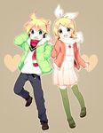  1girl blonde_hair brother_and_sister dress green_eyes green_legwear hair_ornament happy headphones holding_hands jacket kagamine_len kagamine_rin looking_at_viewer miyamakoume open_mouth pullover scarf shoes short_hair siblings smile thighhighs vocaloid winter_clothes 