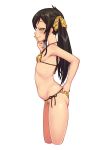  1girl :q animal_print bangs bare_shoulders belly bikini black_hair blush breasts closed_mouth cropped_legs hair_between_eyes hair_ribbon halterneck highres idolmaster idolmaster_cinderella_girls kabocha_head leopard_print long_hair looking_at_viewer matoba_risa micro_bikini navel ribbon side-tie_bikini simple_background small_breasts smile solo stomach swimsuit tongue tongue_out twintails yellow_eyes 