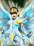  armor brown_eyes brown_hair full_armor gauntlets highres open_mouth pants pauldrons pegasus_seiya rikune saint_seiya short_hair tiara wings 