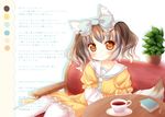  animal_ears book bow brown_hair couch cup dress fox_ears fox_tail frilled_dress frills gradient_hair hair_bow hanakomiti looking_at_viewer multicolored_hair original plant potted_plant short_hair sitting smile table tail tea teacup text_focus white_hair 