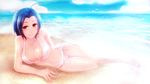  ahoge arm_support bad_id bad_pixiv_id beach bikini blue_hair breasts cleavage cloud day highres idolmaster idolmaster_(classic) ima_(lm_ew) large_breasts looking_at_viewer lying miura_azusa navel ocean on_side outdoors red_eyes shiny shiny_skin short_hair sky smile solo swimsuit wallpaper water 
