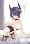  all_fours bare_shoulders bed black_hair breasts bunny_tail cleavage eyepatch fishnets highres kantai_collection large_breasts revision short_hair solo tail tenryuu_(kantai_collection) wa_(genryusui) wrist_cuffs yellow_eyes 