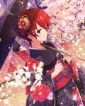  blue_eyes blush brown_hair cherry_blossoms flower hair_ornament idolmaster idolmaster_million_live! japanese_clothes julia_(idolmaster) kimono microphone official_art petals short_hair smile umbrella 