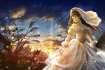  bad_id bad_pixiv_id bride brown_eyes brown_hair dress holding_hands long_hair original sky solo_focus sunrise wedding_dress yasuno_(airy_light) 