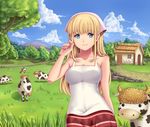  animal blonde_hair blue_eyes breasts cleavage cloud cloudy_sky cow day dress farm fence forest grass grazing_(livestock) horns house large_breasts long_hair looking_at_viewer moda nature one_piece outdoors sidelocks sky sleeveless smile solo yumiyokiak 