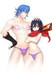  &gt;:) 1girl bad_id bad_pixiv_id covering covering_breasts crossed_arms fingerless_gloves gloves glowing glowing_nipples kill_la_kill lloule looking_at_viewer matoi_ryuuko mikisugi_aikurou petting scarf senketsu senketsu_(scarf) shirtless simple_background single_glove smile topless v-shaped_eyebrows white_background 