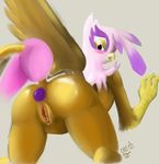  anthro anthrofied anus avian beak blush brown_fur butt duo equine female friendship_is_magic fur gilda_(mlp) gryphon horse mammal my_little_pony pinkie_pie_(mlp) plain_background pony pussy pussy_juice ricocake sex_toy tail_grab white_fur wings 