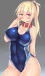  blonde_hair breasts collar competition_swimsuit dog_collar highres kubiwa_(kutan) kutan large_breasts long_hair one-piece_swimsuit original ponytail red_collar red_eyes solo swimsuit 