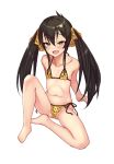  1girl animal_print bangs bare_shoulders barefoot bikini black_hair blush breasts cropped_legs hair_between_eyes hair_ribbon halterneck highres idolmaster idolmaster_cinderella_girls kabocha_head leopard_print long_hair looking_at_viewer matoba_risa micro_bikini navel open_mouth ribbon side-tie_bikini simple_background sitting small_breasts smile solo stomach swimsuit twintails yellow_eyes 