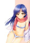  absurdres blue_bra blue_hair blue_panties blush bow bow_panties bra brown_eyes collarbone dress_shirt flat_chest highres idolmaster idolmaster_(classic) k.y_ko kisaragi_chihaya long_hair looking_at_viewer navel open_clothes open_shirt panties scan scarf shirt solo unbuttoned underwear underwear_only undressing 