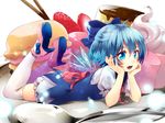  bad_id bad_pixiv_id blue_eyes blue_hair bow cake cirno dress fang food fruit hair_bow hands_on_own_cheeks hands_on_own_face high_heels highres looking_at_viewer lying macaron minigirl on_stomach open_mouth shirako_sei short_hair solo spoon strawberry thighhighs touhou white_legwear wings 