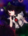  bad_id bad_pixiv_id bird_wings black_hair blouse bow cape dutch_angle gradient gradient_background hair_bow hand_in_hair highres light_trail long_hair looking_at_viewer maccha_cocoa_(mococo) red_eyes reiuji_utsuho short_sleeves skirt smile solo starry_sky_print sun third_eye touhou wings 
