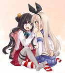  black_hair blonde_hair blush brown_eyes elbow_gloves fang gloves green_eyes grey_legwear hairband kantai_collection long_hair multiple_girls naganami_(kantai_collection) nagasioo navel open_mouth pantyhose pink_hair purple_skirt ribbon shimakaze_(kantai_collection) sitting skirt smile striped striped_legwear tears thighhighs wariza white_gloves 