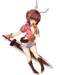  animal_ears behind_back belt boots breasts brown_hair bunny_ears cleavage collarbone elin_(tera) fingerless_gloves full_body gloves highres holding holding_sword holding_weapon huge_weapon kuro_(kuronell) looking_at_viewer midriff mouth_hold open_clothes open_shirt purple_eyes shirt short_hair short_shorts shorts simple_background small_breasts solo standing sword tera_online unsheathed weapon white_background 