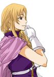  artist_request blonde_hair fire_emblem fire_emblem:_rekka_no_ken gloves hand_on_own_chin long_hair looking_away looking_to_the_side louise purple_eyes simple_background smile solo white_background 