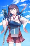  :p ^_^ akagi_(kantai_collection) archery arrow bad_id bad_pixiv_id blue_sky blush bow_(weapon) brown_hair closed_eyes cloud day hakama_skirt japanese_clothes kantai_collection kyuudou long_hair muneate niga open_mouth outstretched_arms quiver skirt sky smile solo thighhighs tongue tongue_out weapon white_legwear 