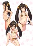  animal_print bangs bare_shoulders bikini black_hair blush breasts cropped_legs hair_between_eyes hair_ribbon halterneck highres idolmaster idolmaster_cinderella_girls kabocha_head leopard_print long_hair looking_at_viewer matoba_risa micro_bikini navel ribbon side-tie_bikini simple_background small_breasts smile solo stomach swimsuit twintails untying yellow_eyes 