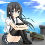  :&gt; asashio_(kantai_collection) black_hair blue_eyes blush bollard cloud day hanazome_dotera harbor kantai_collection kneehighs long_hair looking_at_viewer ocean panties pantyshot pantyshot_(sitting) school_uniform shirt sitting skirt sunlight turret underwear white_panties 