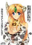  2009 animal_print bell bell_collar blonde_hair blue_eyes breasts bridal_gauntlets cleavage collar cow_bell cow_print cow_tail elbow_gloves fingerless_gloves gloves horns kotoyoro large_breasts long_hair new_year riesz seiken_densetsu seiken_densetsu_3 solo tail tamiya_akito 