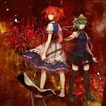  bad_id bad_pixiv_id blue_eyes flower green_hair multiple_girls nayuko onozuka_komachi pointing red_eyes red_hair ribbon rod_of_remorse sandals scythe shiki_eiki spider_lily thighhighs touhou zettai_ryouiki 