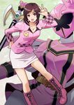  boots brown_eyes brown_hair bug butterfly insect izumi_rion jacket jewelry knee_boots magipink mahou_sentai_magiranger necklace ozu_houka pink_footwear plaid sentai short_hair skirt smile spandex super_sentai 